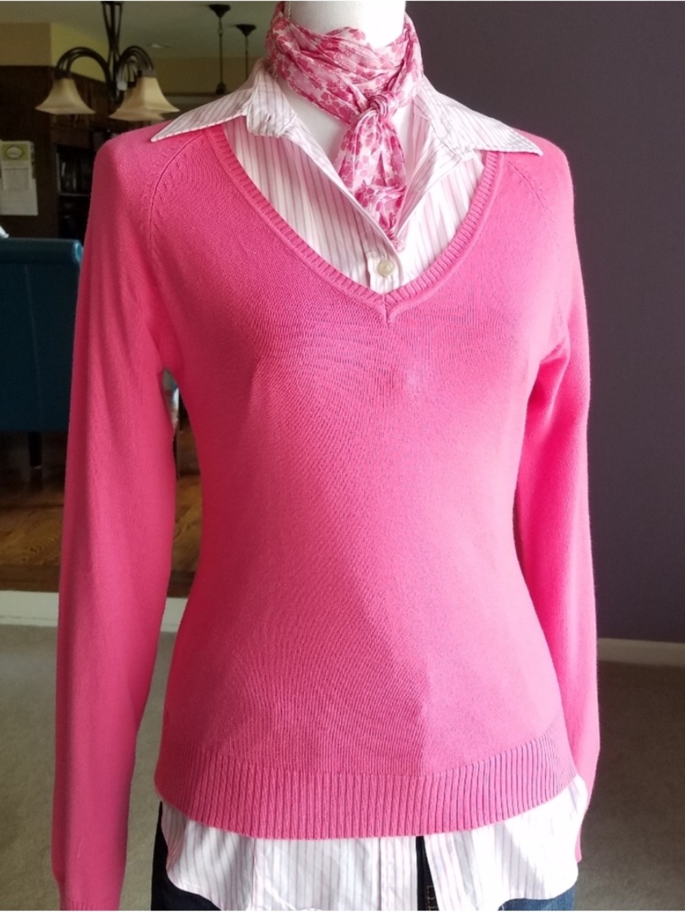 ZARA Preppy Pink Fitted V-neck Sweater from Spain
